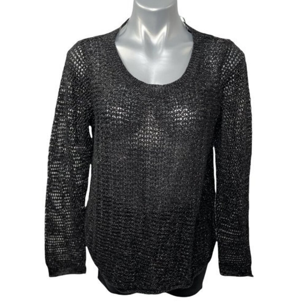 DKNY Jean Chain Link Black Gold Threaded Open Loose Knit Sweater Women's Size XL
